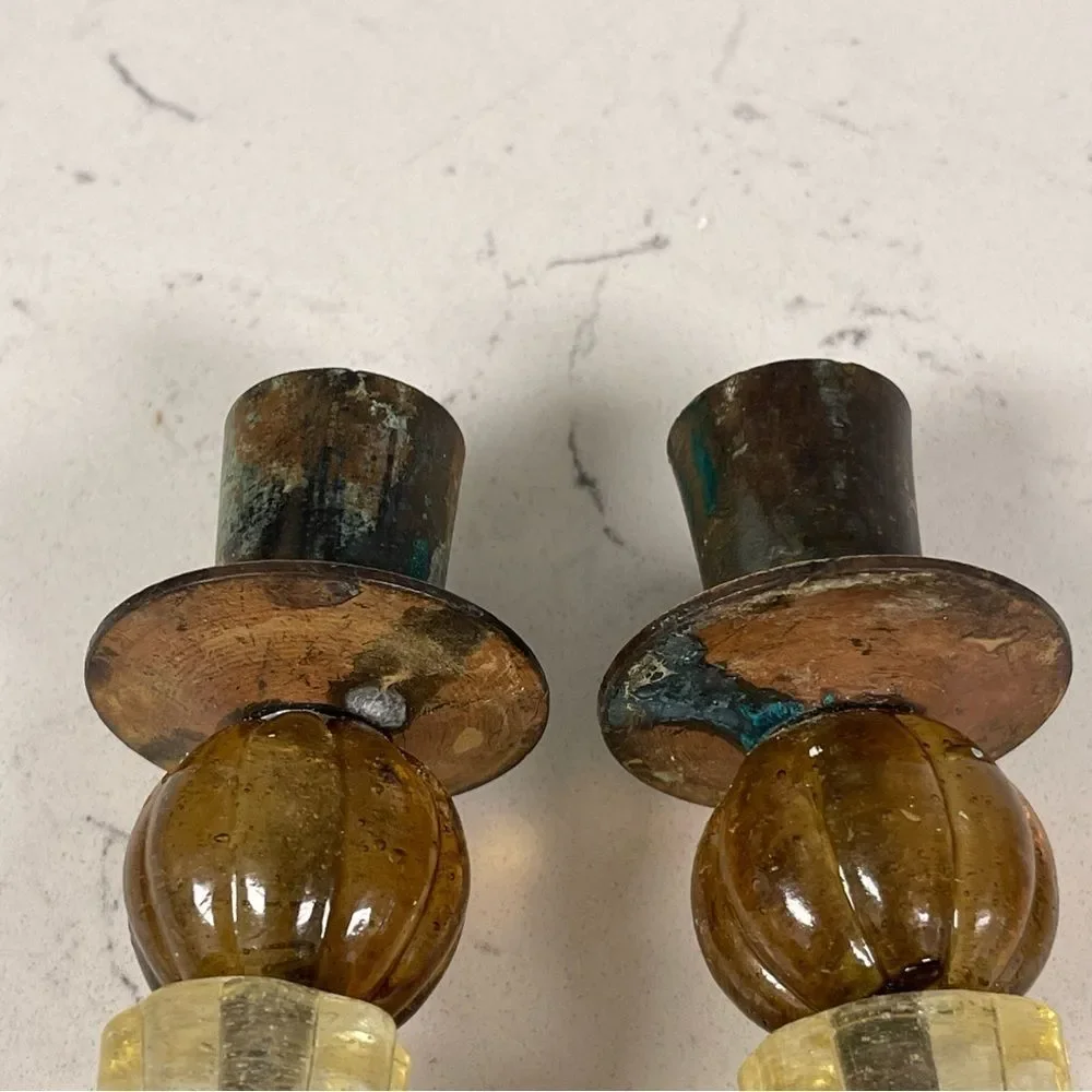 Zodax Candle Stick Holder Set of Green and Amber Glass Beads Bohemian